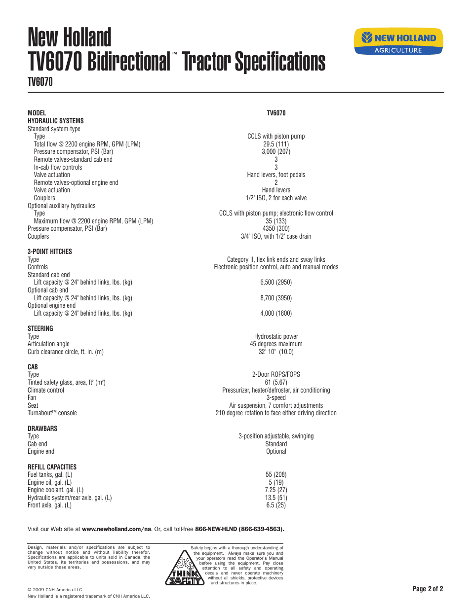 New holland tv6070 bidirectional, Tractor specifications, Tv6070 | New Holland TV6070 User Manual | Page 2 / 2