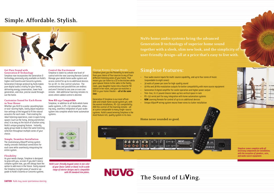 The sound of li v ing. simple. affordable. stylish, Simplese features | Nuvo Simplese Power Amplifier User Manual | Page 2 / 2