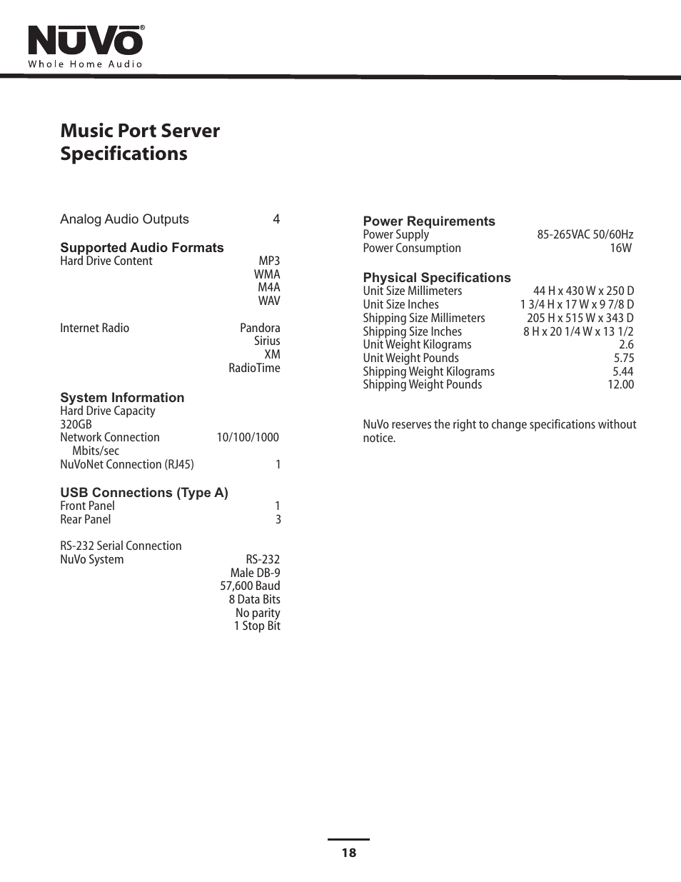 Specs, Music port server specifications | Nuvo NV-MPS4 User Manual | Page 22 / 24