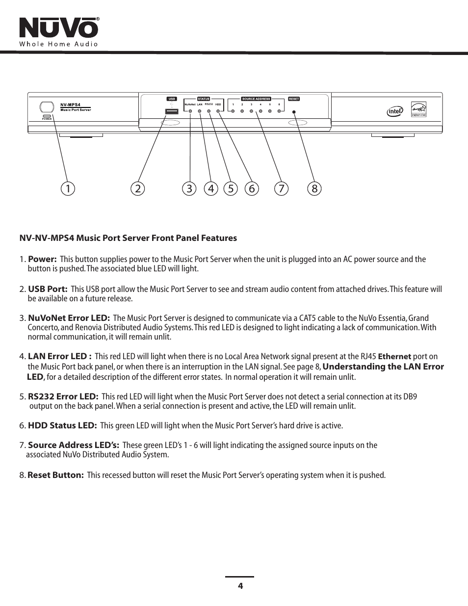 Front panel callouts | Nuvo NV-MPS4 User Manual | Page 8 / 24