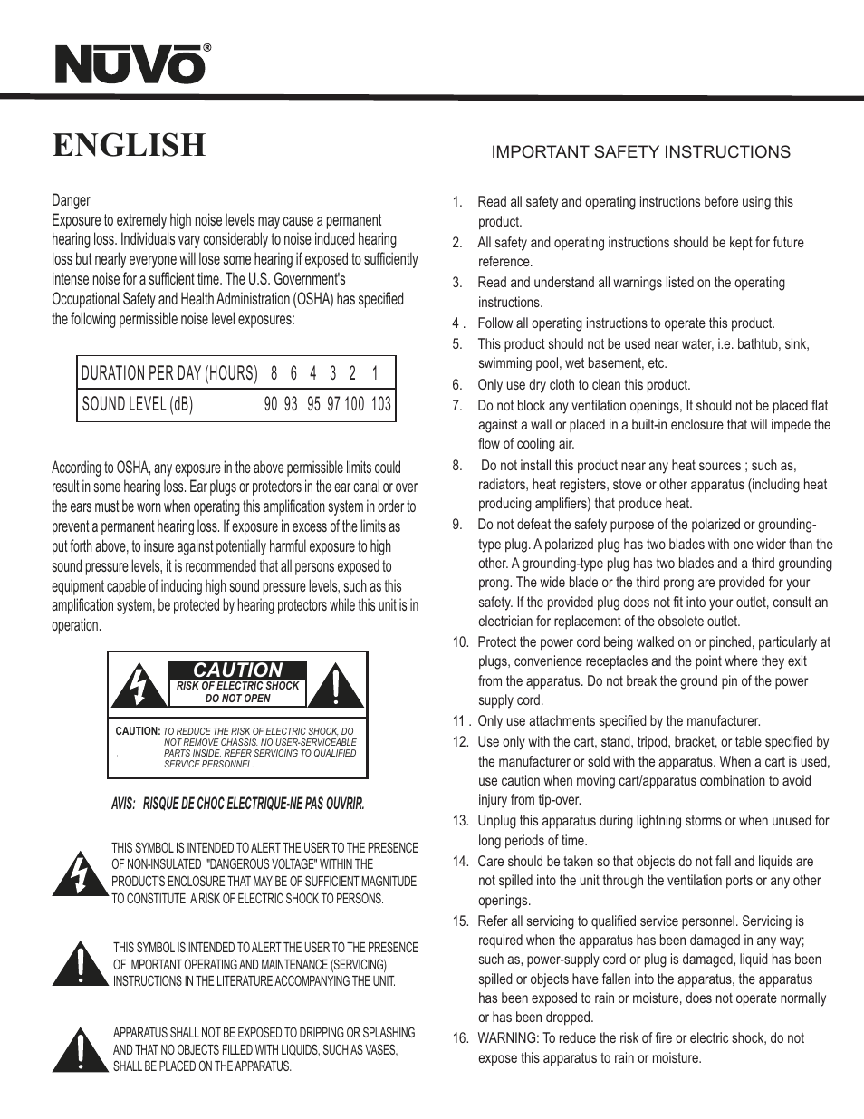 English, Caution | Nuvo Essentia Six-Source User Manual | Page 3 / 44