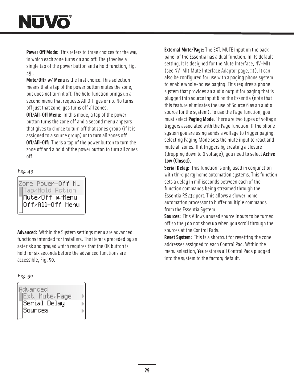 System settings, Advanced ext. mute/page serial delay sources | Nuvo Essentia Six-Source User Manual | Page 32 / 44