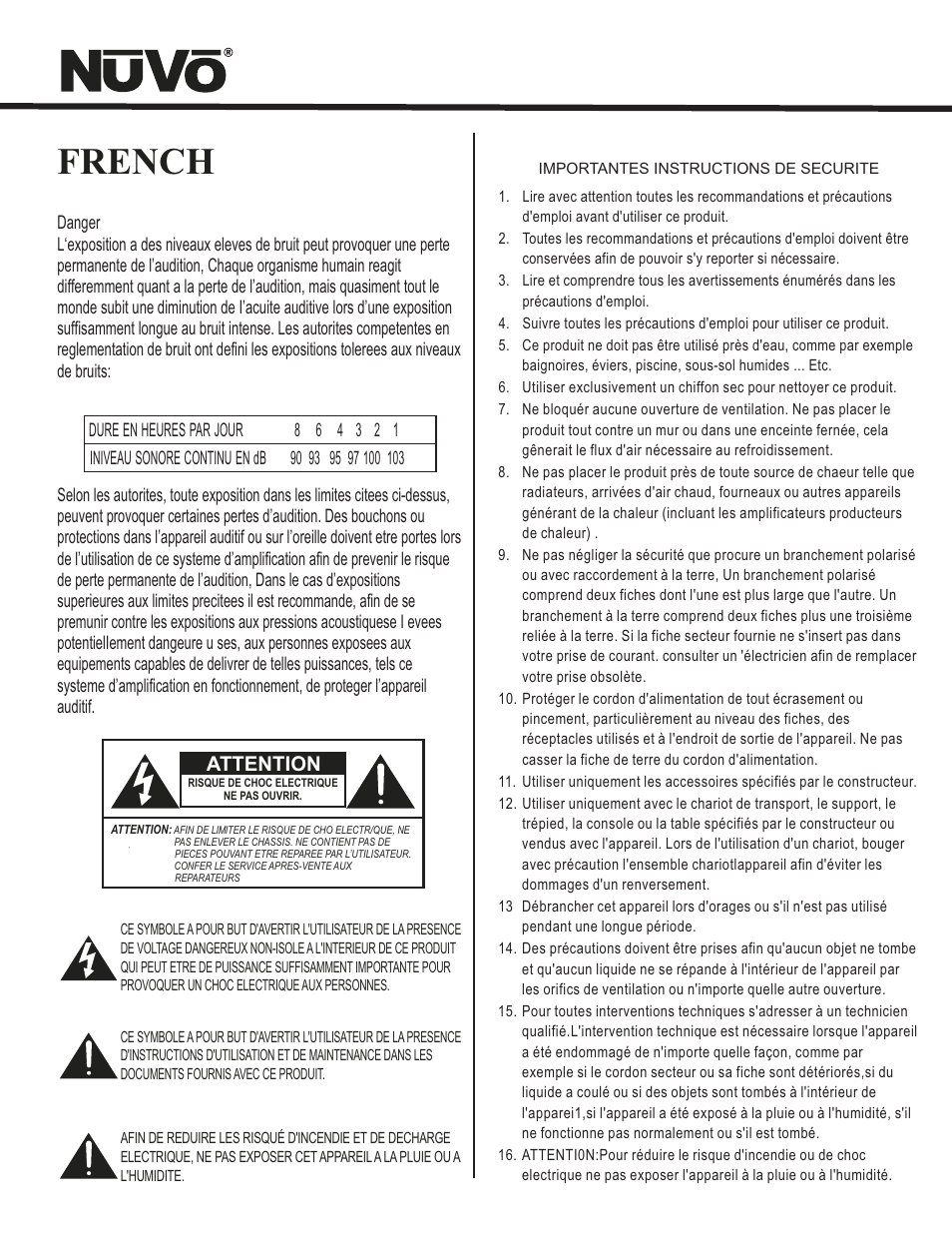 French, Attention | Nuvo Essentia Six-Source User Manual | Page 4 / 44