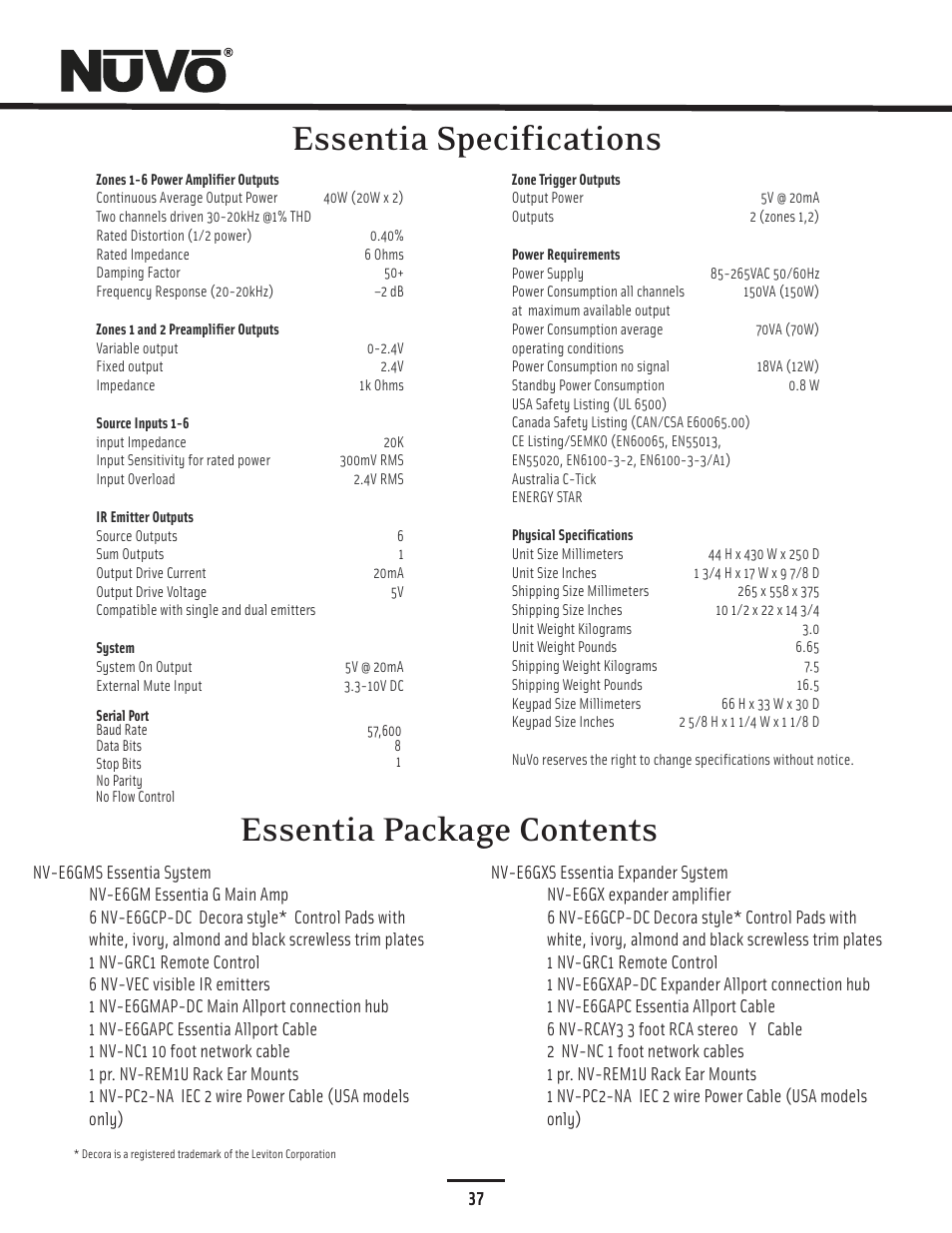 Specs, Essentia package contents essentia specifications | Nuvo Essentia Six-Source User Manual | Page 40 / 44