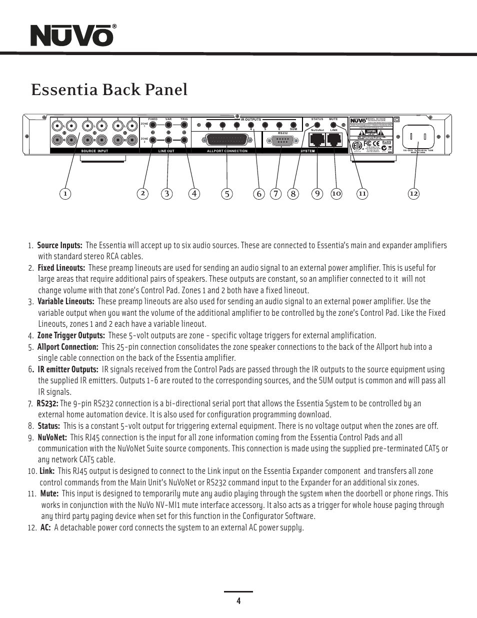 Back panel, Essentia back panel | Nuvo Essentia Six-Source User Manual | Page 7 / 44