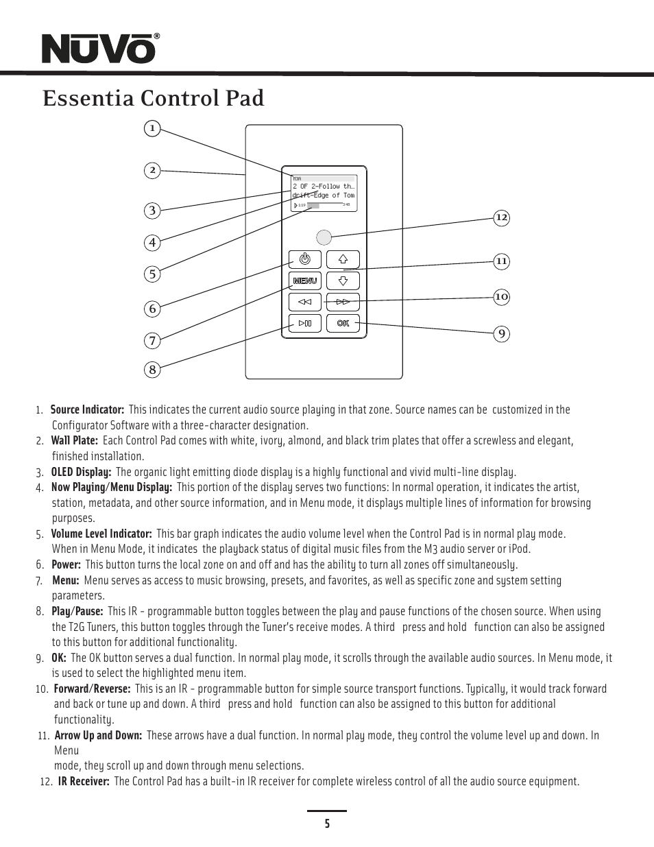 Control pad, Essentia control pad | Nuvo Essentia Six-Source User Manual | Page 8 / 44