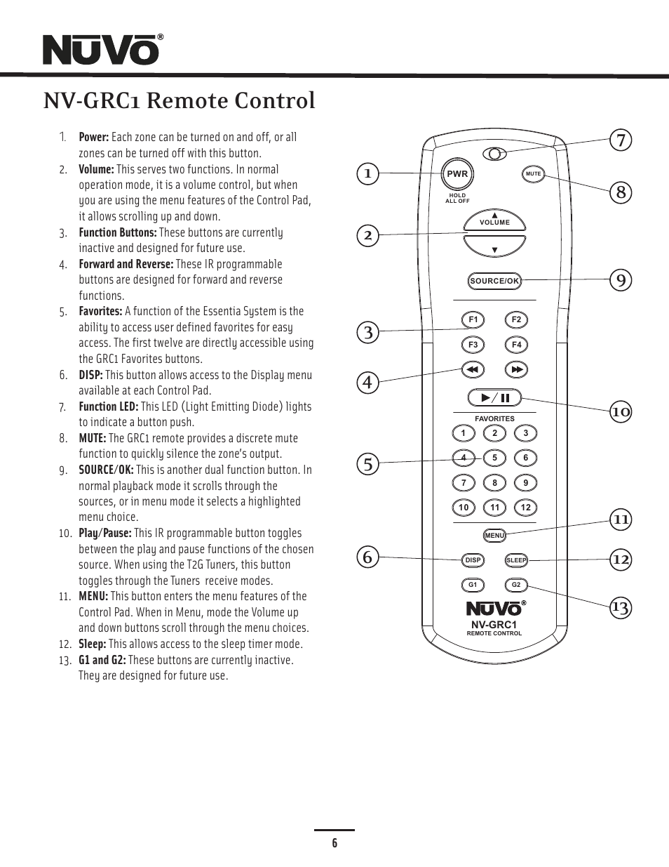 Rc1 remote control, Nv-grc1 remote control | Nuvo Essentia Six-Source User Manual | Page 9 / 44