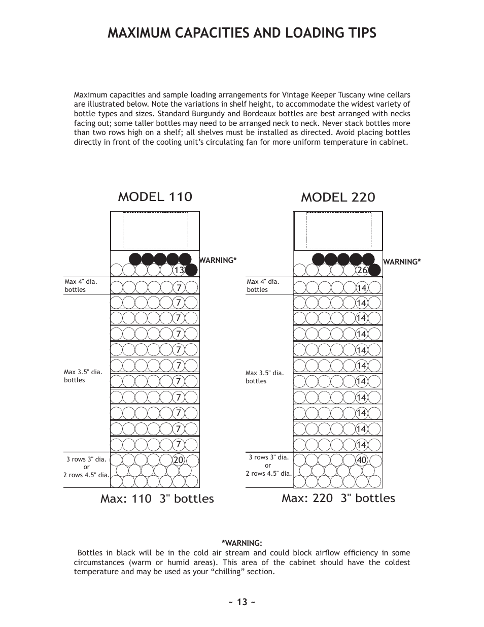 Maximum capacities and loading tips, Model 220, Model 110 | Max: 220 3" bottles, Max: 110 3" bottles | Nuvo 220 User Manual | Page 13 / 16