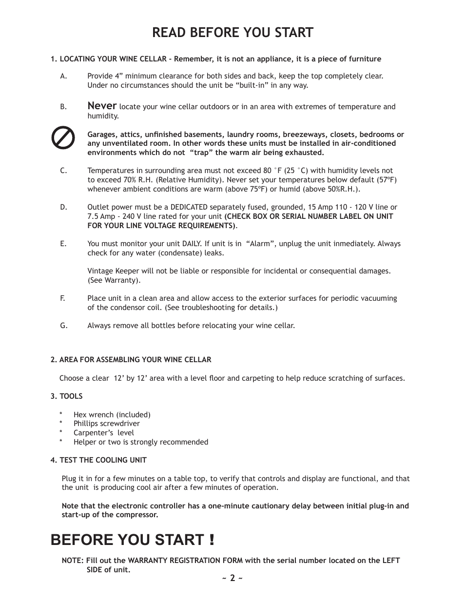 Before you start, Read before you start, Never | Nuvo 220 User Manual | Page 2 / 16