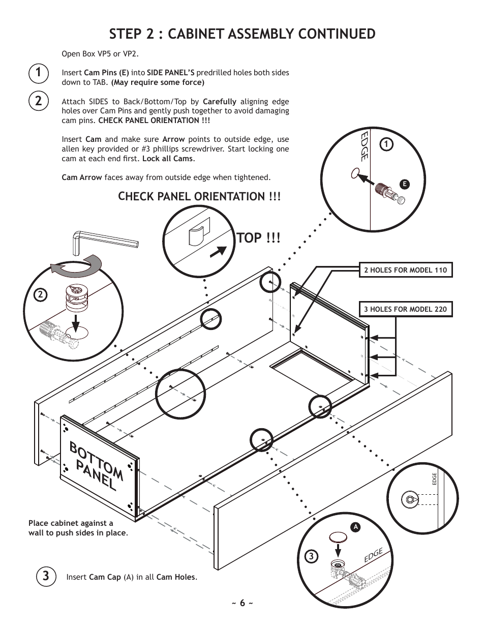 Step 2 : cabinet assembly continued, Top !!! bott om panel, Check panel orientation | Nuvo 220 User Manual | Page 6 / 16