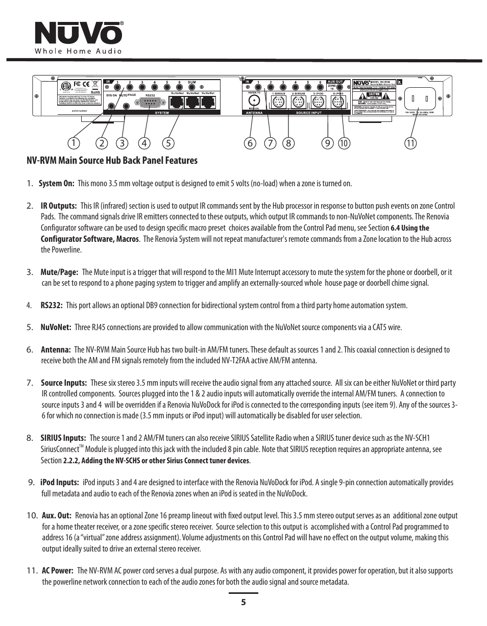 Nv-rvm main source hub back panel features | Nuvo Stereo System User Manual | Page 13 / 64