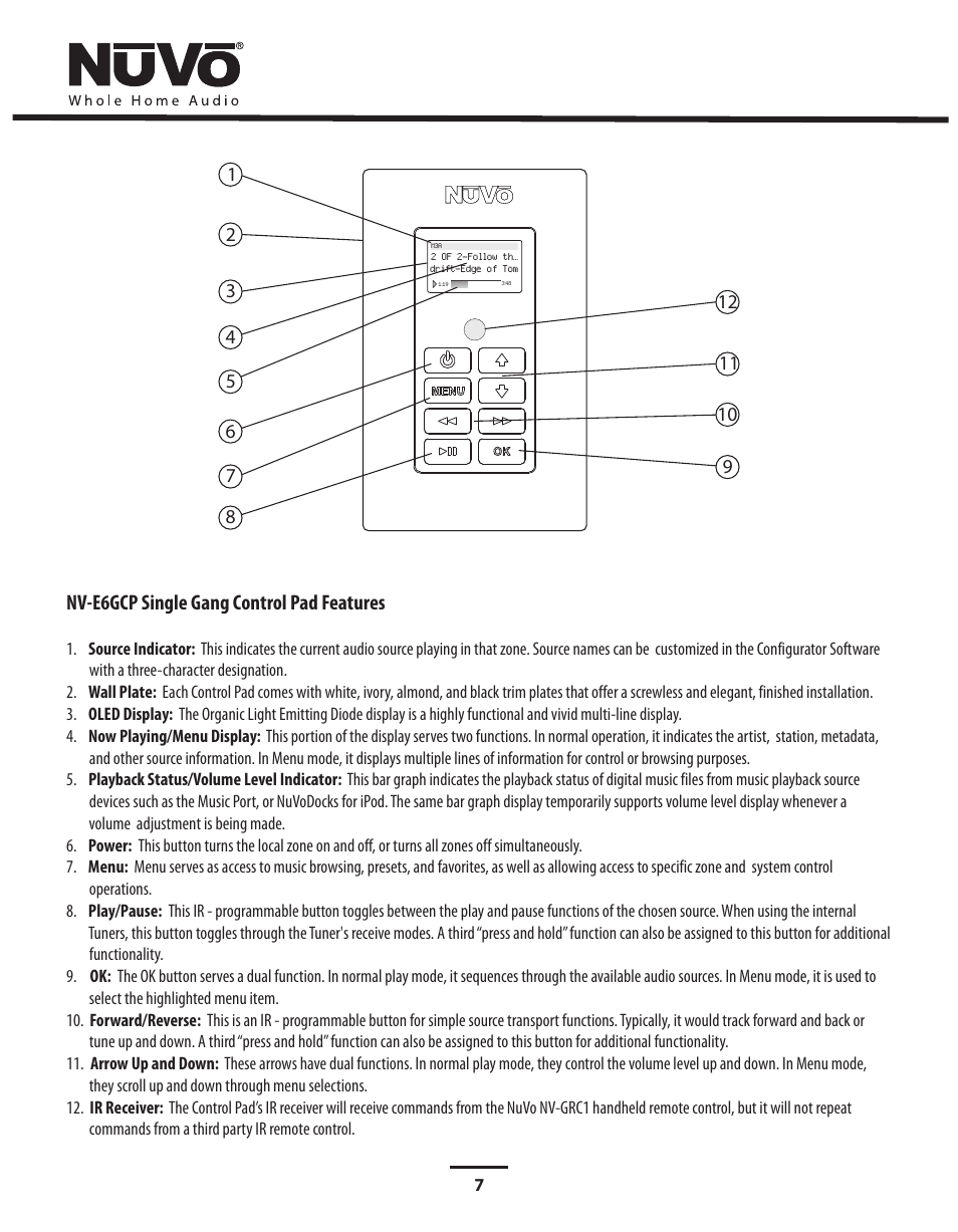 Nv-e6gcp single gang control pad features | Nuvo Stereo System User Manual | Page 15 / 64