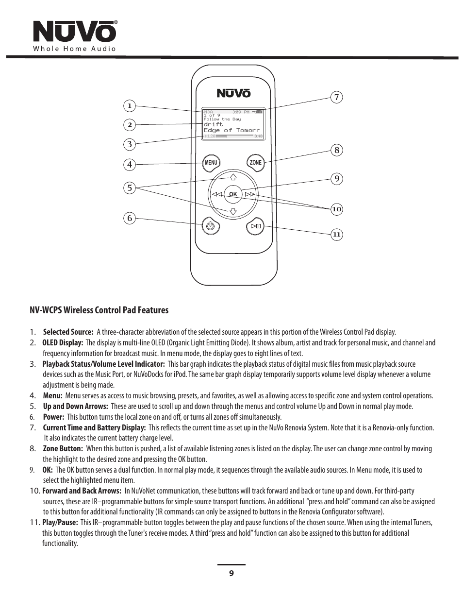 Nv-wcps wireless control pad features | Nuvo Stereo System User Manual | Page 17 / 64