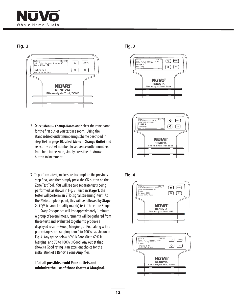 12 fig. 2, Fig. 4, Select | Stage 1, Stage 2, Menu – change room, Menu – change outlet | Nuvo Stereo System User Manual | Page 20 / 64