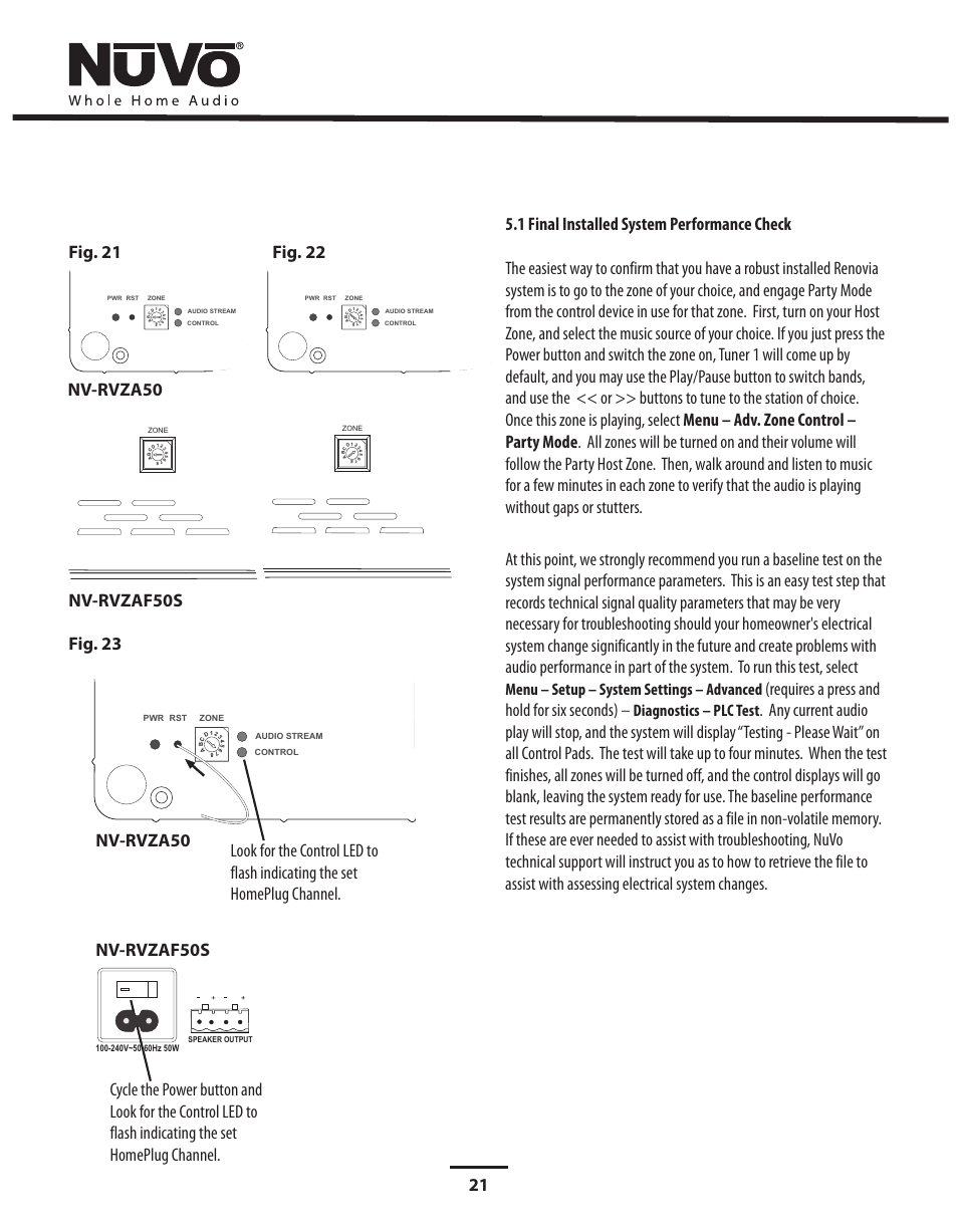 Fig. 23, Nv-rvza50, Requires a press and hold for six seconds) | Menu – setup – system settings – advanced, Diagnostics – plc test | Nuvo Stereo System User Manual | Page 29 / 64