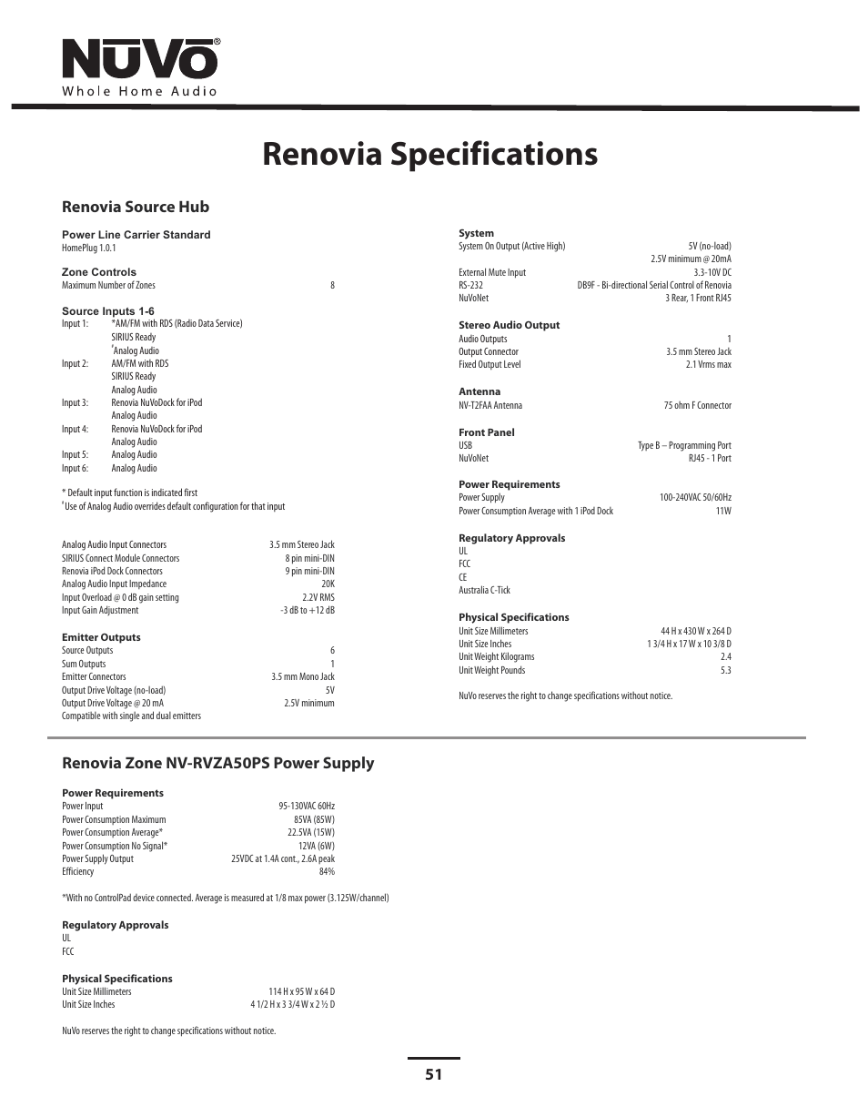 Renovia specifications, Renovia zone nv-rvza50ps power supply, Renovia source hub | Nuvo Stereo System User Manual | Page 59 / 64