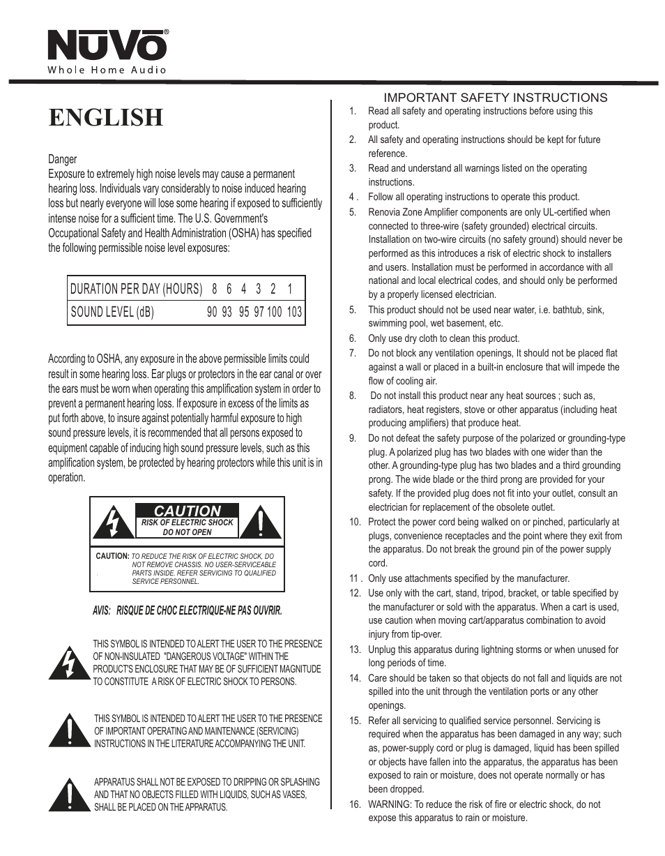 English, Caution | Nuvo Stereo System User Manual | Page 6 / 64