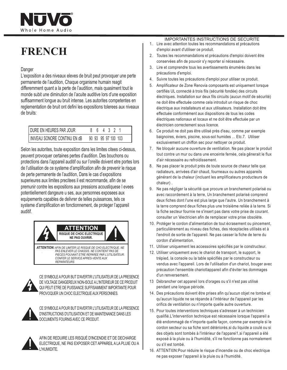 French, Attention | Nuvo Stereo System User Manual | Page 7 / 64