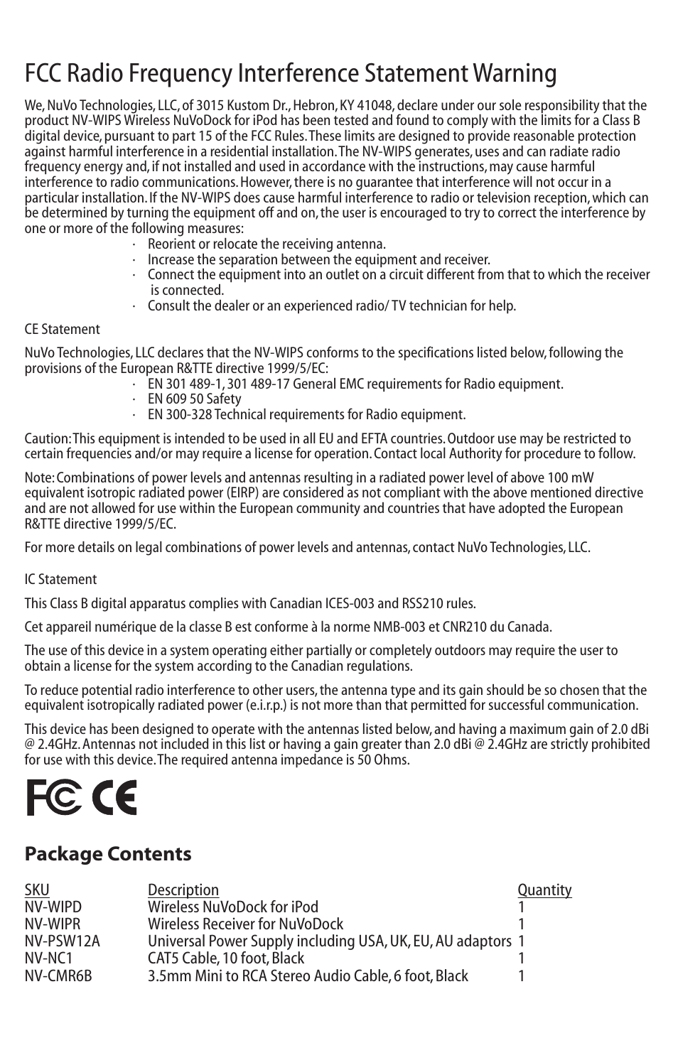 Fcc radio frequency interference statement warning, Package contents | Nuvo NV-WIPS User Manual | Page 2 / 6