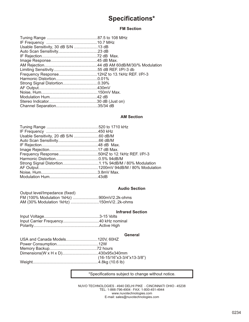 Specs, Specifications | Nuvo NV-T3 User Manual | Page 12 / 12