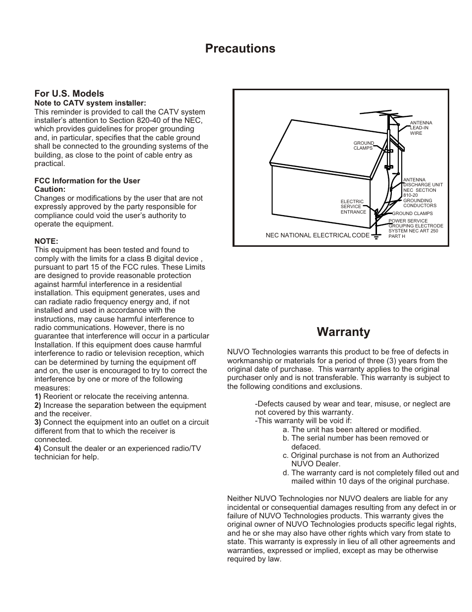 Precautions, Warranty, For u.s. models | Nuvo NV-T3 User Manual | Page 3 / 12