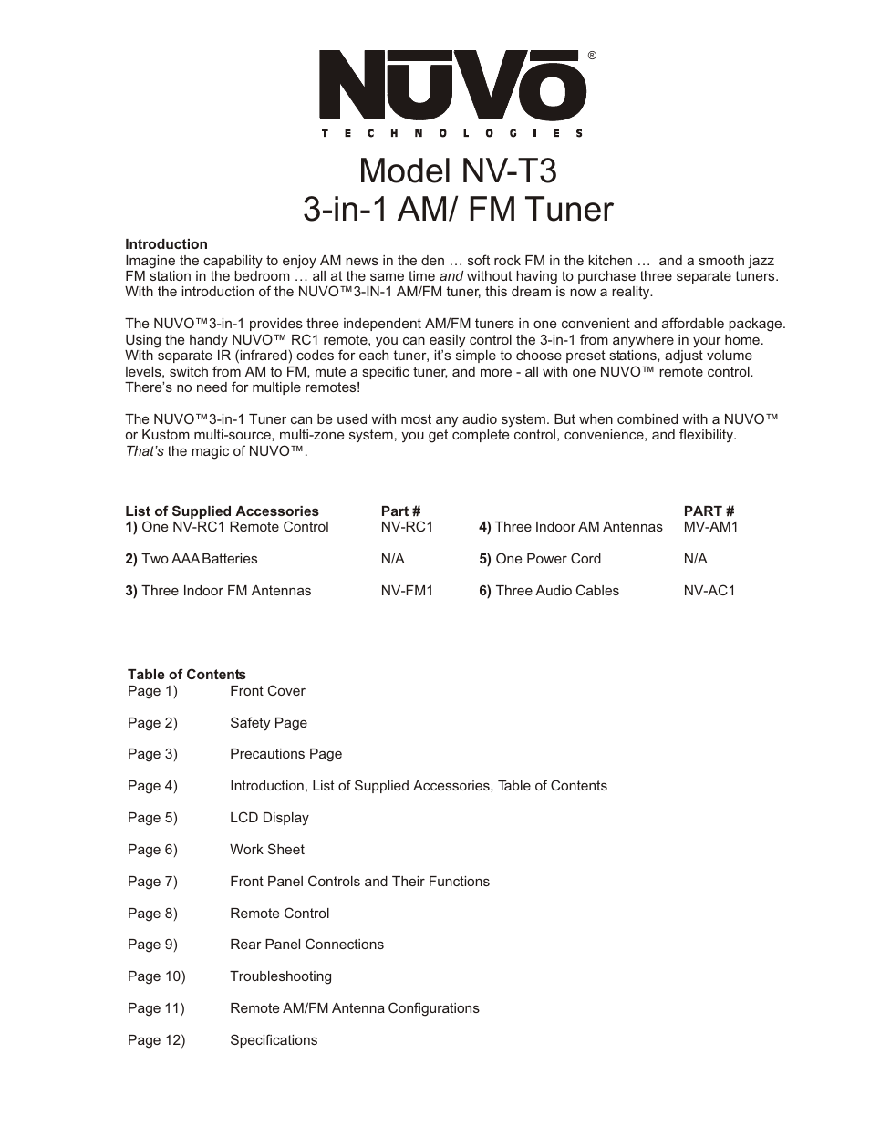 Table, Model nv-t3 3-in-1 am/ fm tuner | Nuvo NV-T3 User Manual | Page 4 / 12