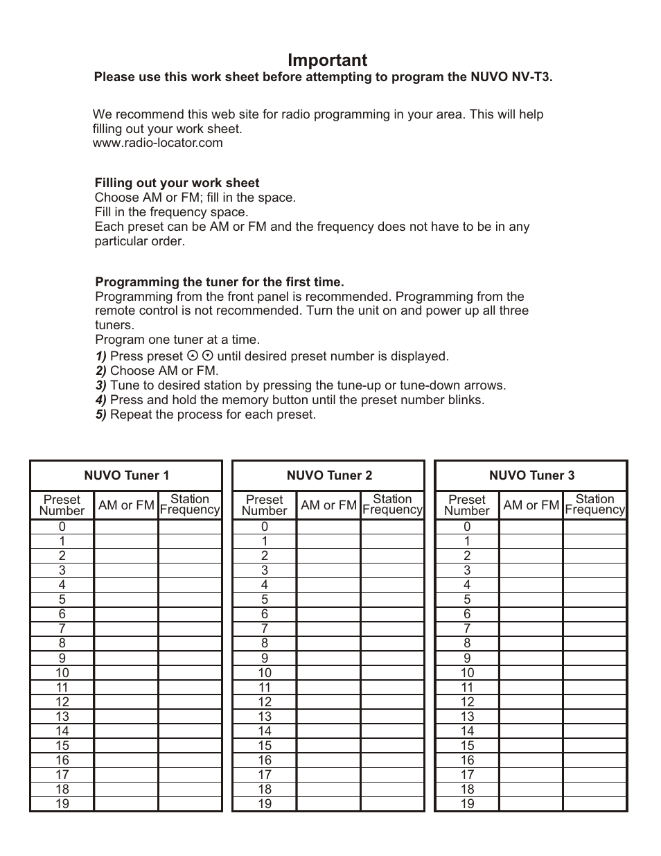 Work sheet, Important | Nuvo NV-T3 User Manual | Page 6 / 12