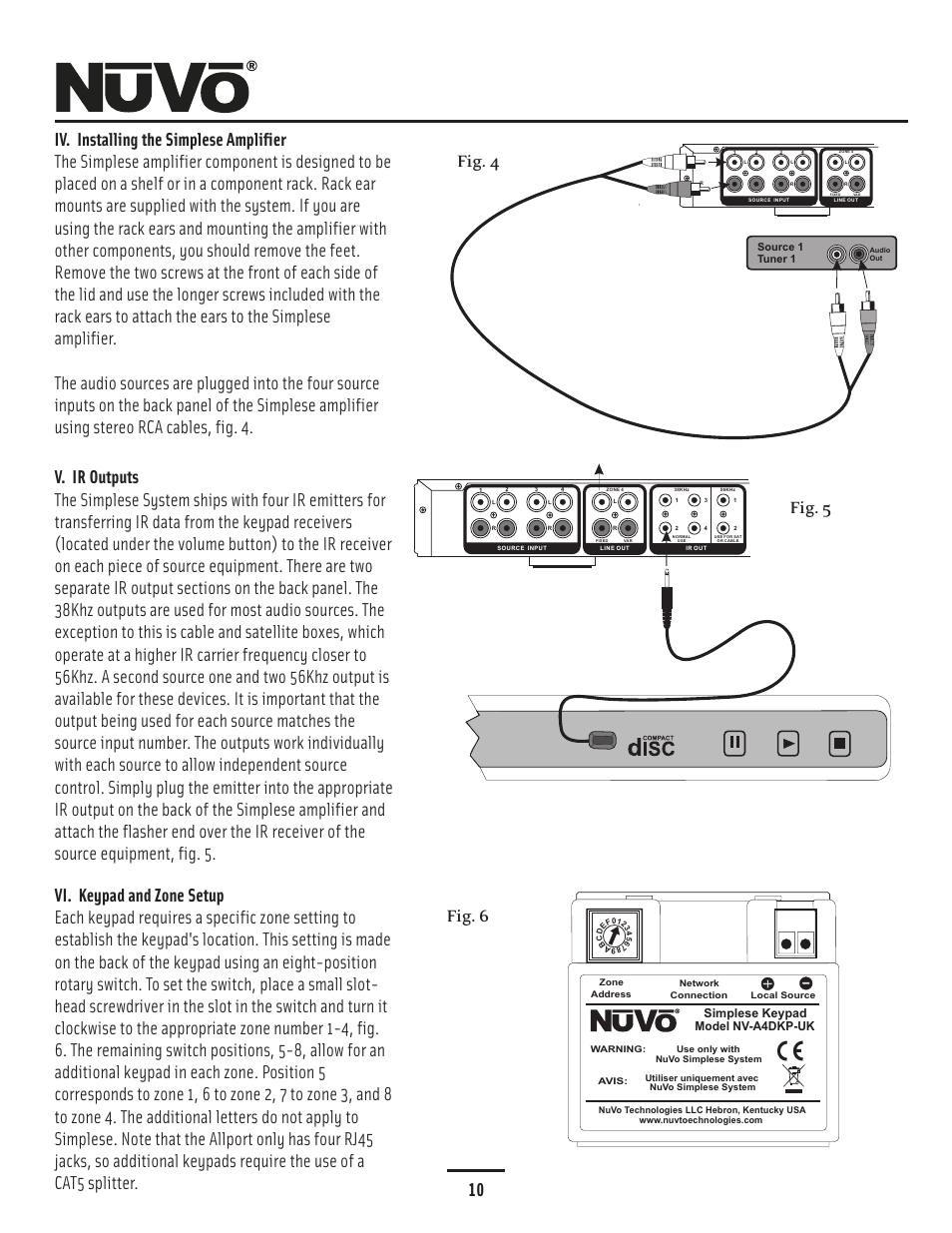 Installing amp, Iv. installing the simplese amplifier, V. ir outputs | Vi. keypad and zone setup, Simplese keypad model nv-a4dkp-uk, Source 1 tuner 1 | Nuvo Simplese NV-A4DS-UK User Manual | Page 13 / 29