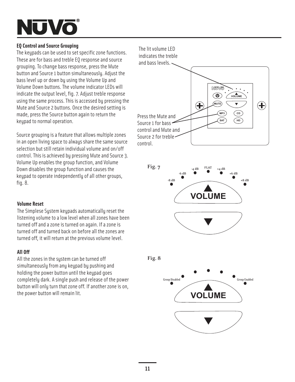 Eq and source grouping, Zone eq control and source grouping, Volume reset | All off, Volume | Nuvo Simplese NV-A4DS-UK User Manual | Page 14 / 29
