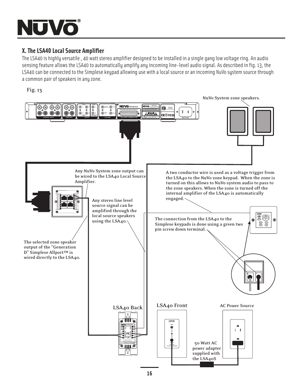 Lsa40, X. the lsa40 local source amplifier, Lsa40 back lsa40 front | Fig. 13 16 | Nuvo Simplese NV-A4DS-UK User Manual | Page 19 / 29