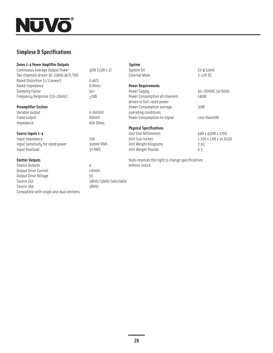 Specs, Specifications, Simplese d specifications | Nuvo Simplese NV-A4DS-UK User Manual | Page 23 / 29