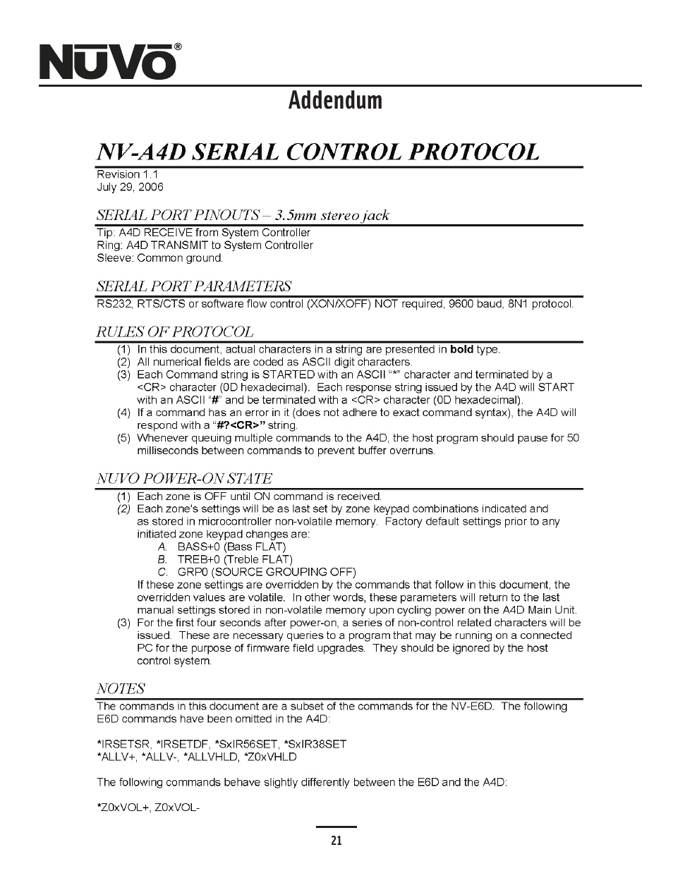 Protocol, Addendum-nv-a4d serial control protocol, Addendum | Nuvo Simplese NV-A4DS-UK User Manual | Page 24 / 29