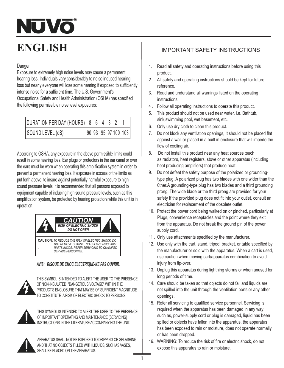 English warning, English, Caution | Nuvo Simplese NV-A4DS-UK User Manual | Page 3 / 29