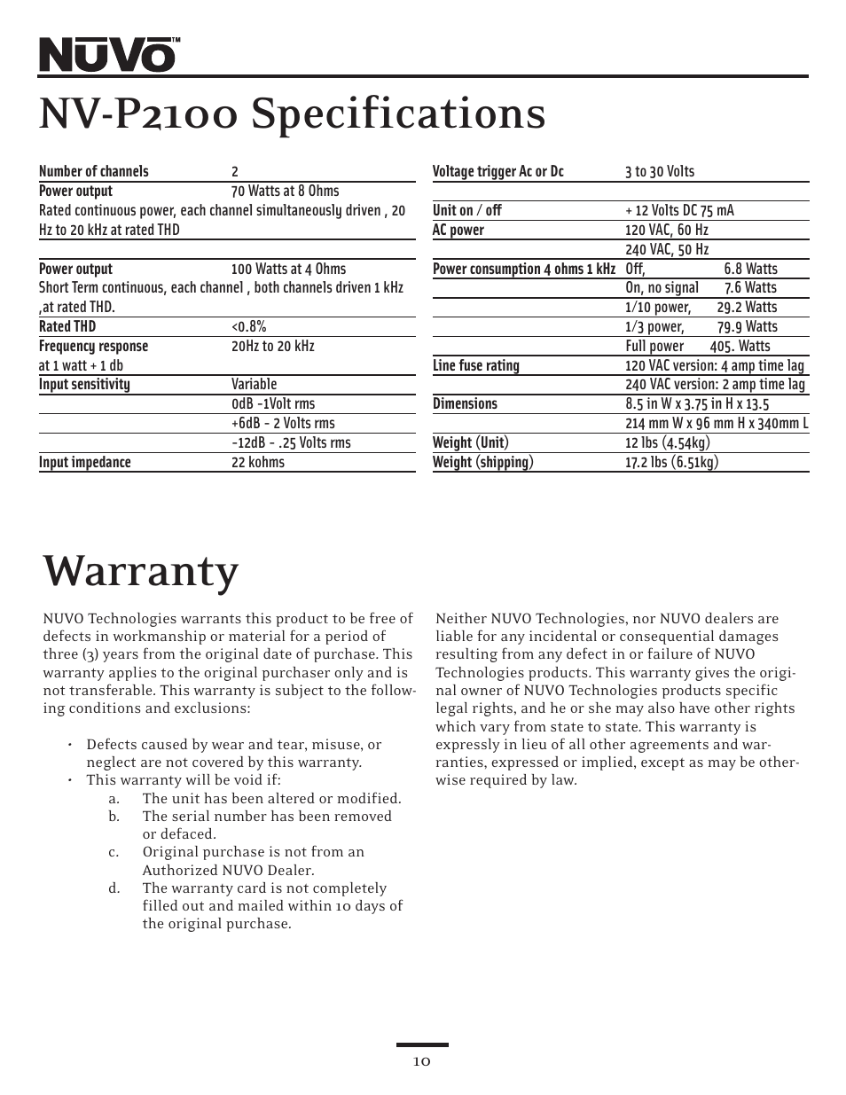 Nv-p2100 specifications, Warranty | Nuvo NV-P2100 User Manual | Page 10 / 12