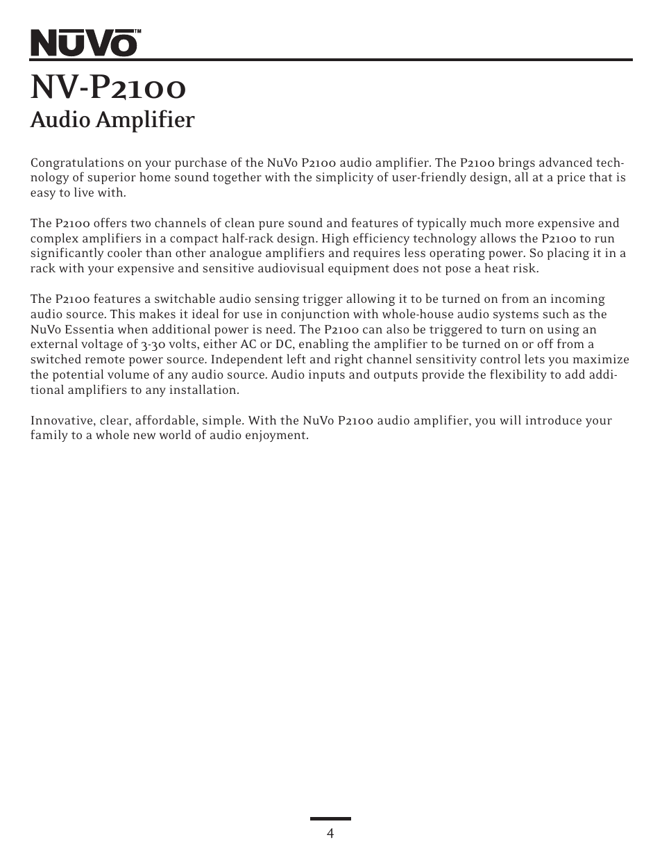 Nv-p2100, Audio amplifier | Nuvo NV-P2100 User Manual | Page 4 / 12