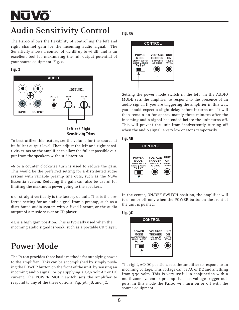 Audio sensitivity control, Power mode | Nuvo NV-P2100 User Manual | Page 8 / 12