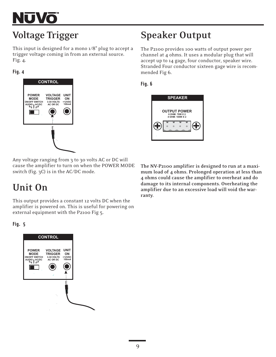 Voltage trigger, Unit on, Speaker output | Nuvo NV-P2100 User Manual | Page 9 / 12