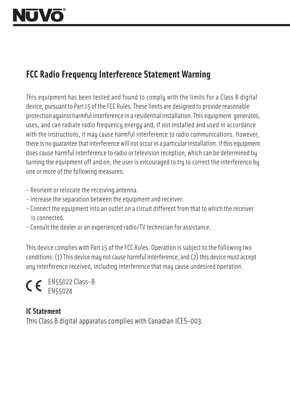 Fcc radio frequency interference statement warning | Nuvo Music Port NV-MP User Manual | Page 3 / 46