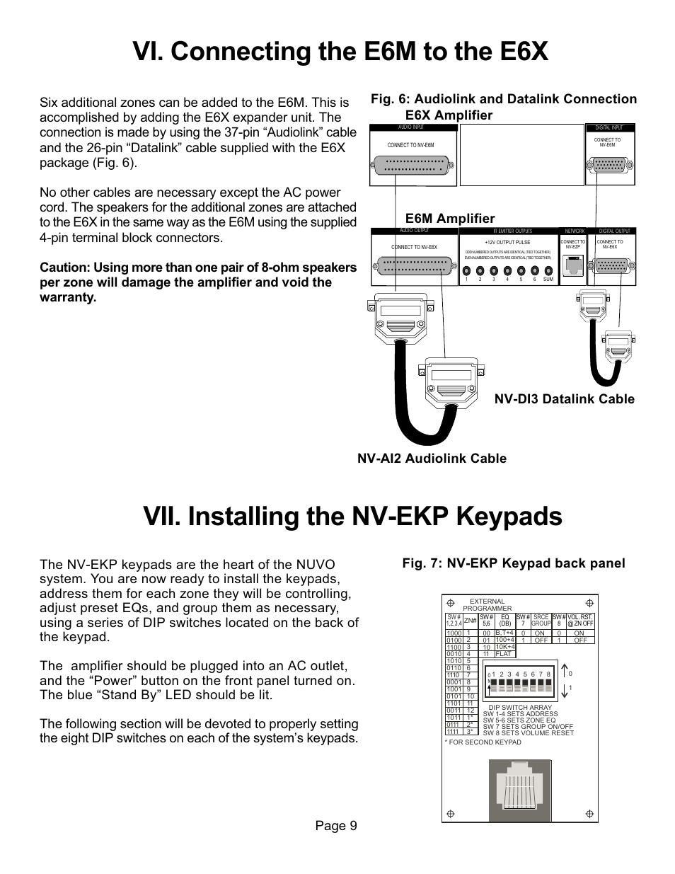 Vi. connecting the e6m to the e6x, Vii. installing the nv-ekp keypads, Page 9 | Nuvo NV-E6XS User Manual | Page 11 / 19