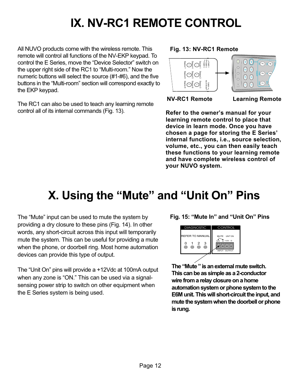 X. using the mute and unit on pins, Ix. nv-rc1 remote control | Nuvo NV-E6XS User Manual | Page 14 / 19