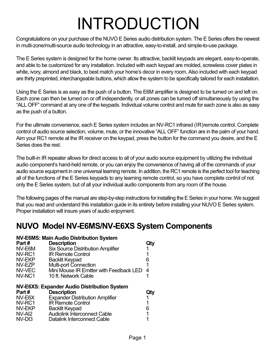 Introduction, Nuvo model nv-e6ms/nv-e6xs system components | Nuvo NV-E6XS User Manual | Page 3 / 19