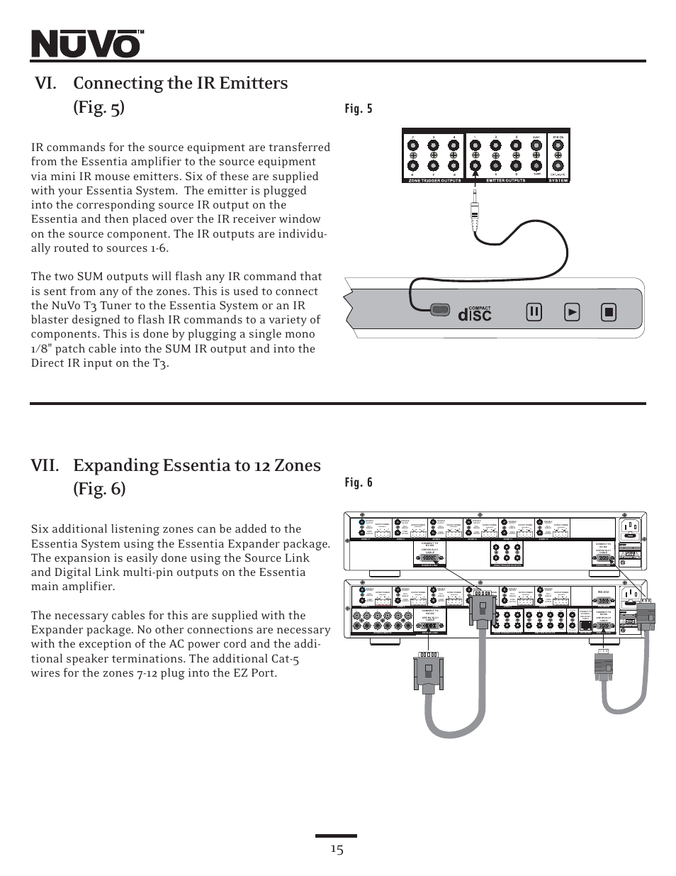 Vi. connecting the ir emitters (fig. 5), Vii. expanding essentia to 12 zones (fig. 6), Sum1 | Sum2, 20w/6ohm x2 | Nuvo NV-E6DMS User Manual | Page 15 / 32