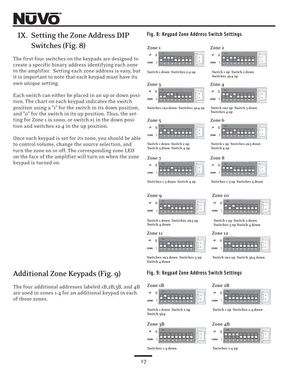 Ix. setting the zone address dip switches (fig. 8), Additional zone keypads (fig. 9), Zone 1b zone 3b zone 2b zone 4b | Nuvo NV-E6DMS User Manual | Page 17 / 32