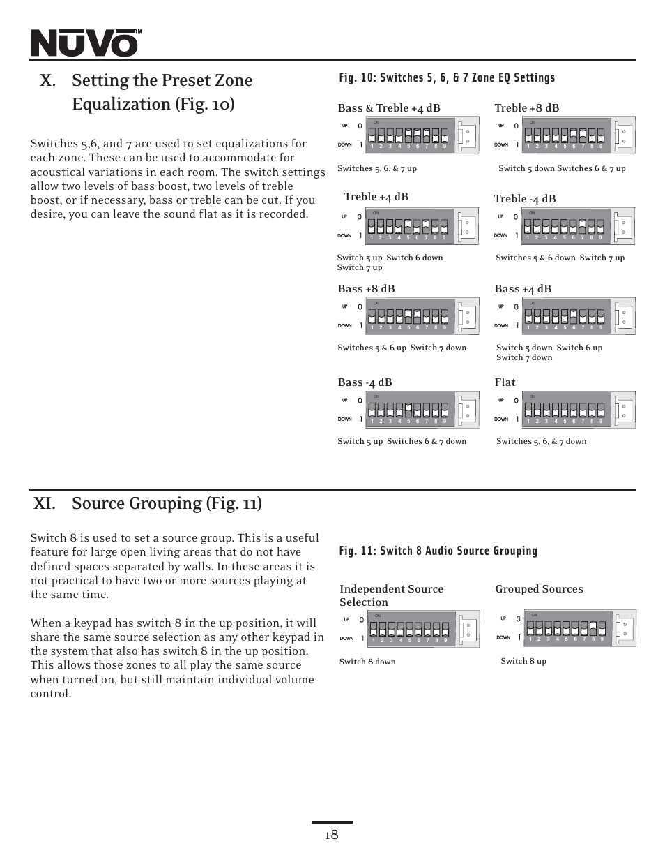 X. setting the preset zone equalization (fig. 10), Xi. source grouping (fig. 11), Independent source selection grouped sources | Switch 8 down switch 8 up | Nuvo NV-E6DMS User Manual | Page 18 / 32