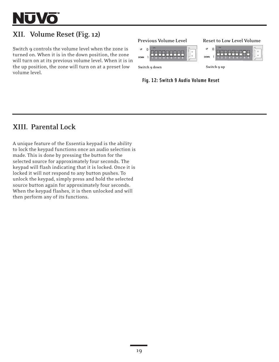 Xii. volume reset (fig. 12), Xiii. parental lock, Previous volume level reset to low level volume | Nuvo NV-E6DMS User Manual | Page 19 / 32