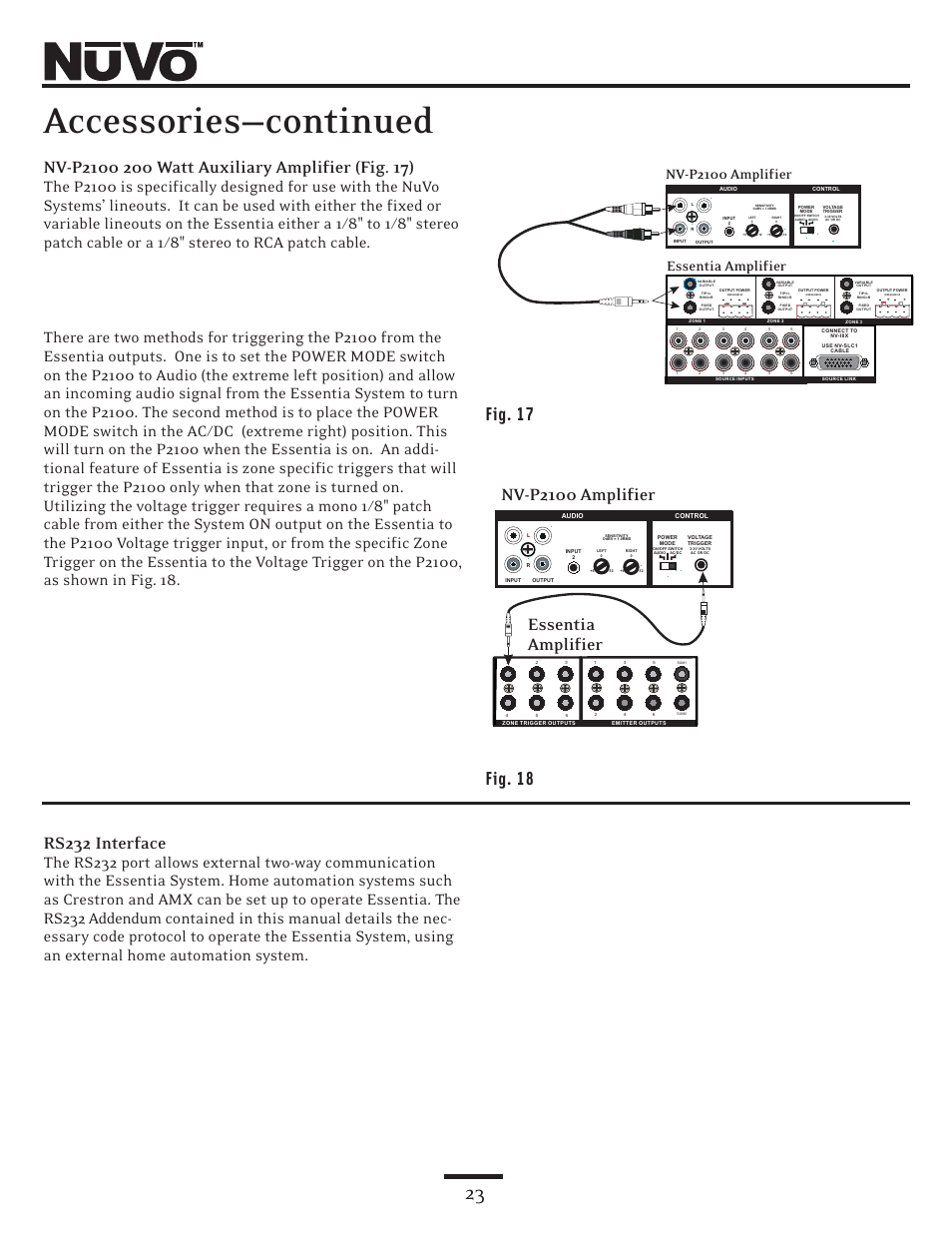 Accessories—continued, Rs232 interface, Fig. 17 fig. 18 | Nv-p2100 amplifier essentia amplifier | Nuvo NV-E6DMS User Manual | Page 23 / 32