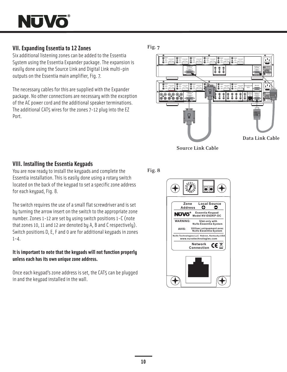 Vii. expanding essentia to 12 zones, Viii. installing the essentia keypads, Sys on ext. mute sum1 | Sum2, 20w/6ohm x2 | Nuvo NV-E6DMS-DC User Manual | Page 11 / 29