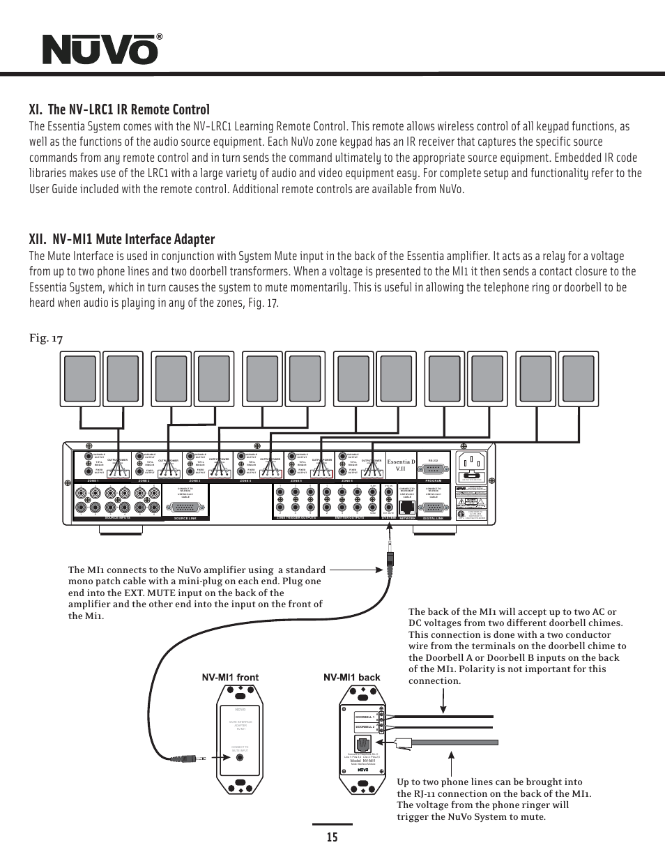 Xi. the nv-lrc1 ir remote control, Xii. nv-mi1 mute interface adapter, Fig. 17 | Essentia d v.ii | Nuvo NV-E6DMS-DC User Manual | Page 16 / 29