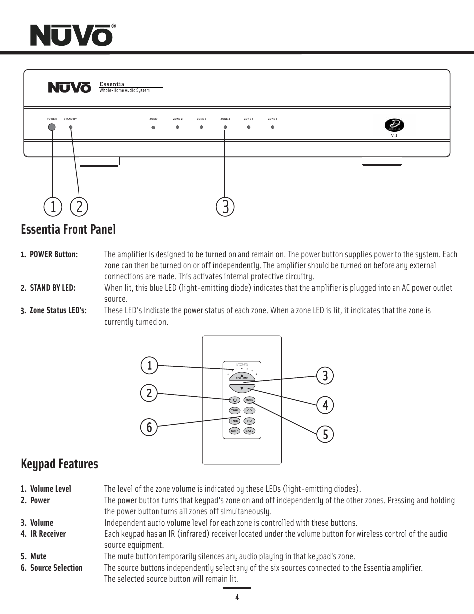 Essentia front panel, Keypad features | Nuvo NV-E6DMS-DC User Manual | Page 5 / 29