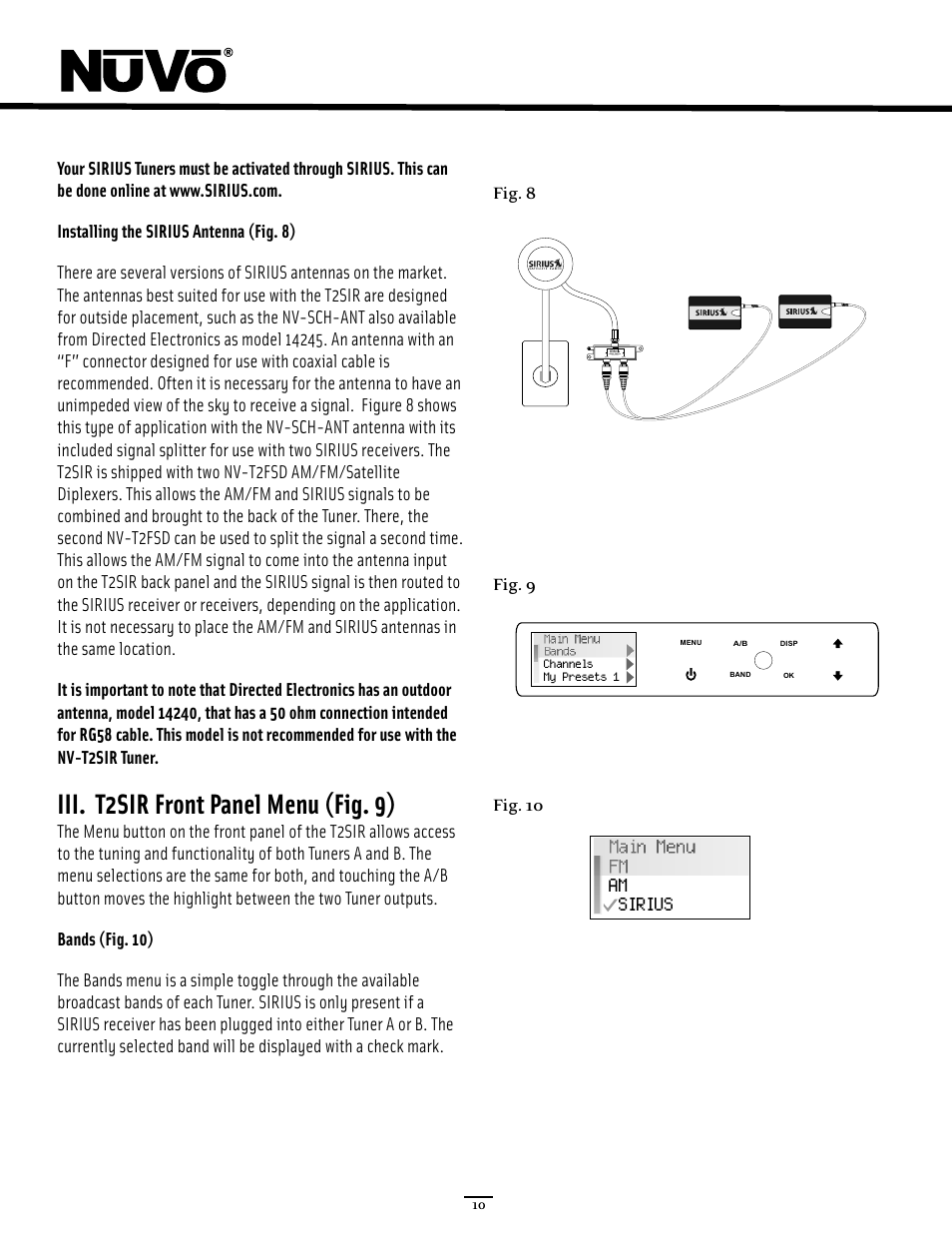 Iii. t2sir front panel menu (fig. 9), Main menu fm am sirius | Nuvo NV-T2SIR User Manual | Page 15 / 30